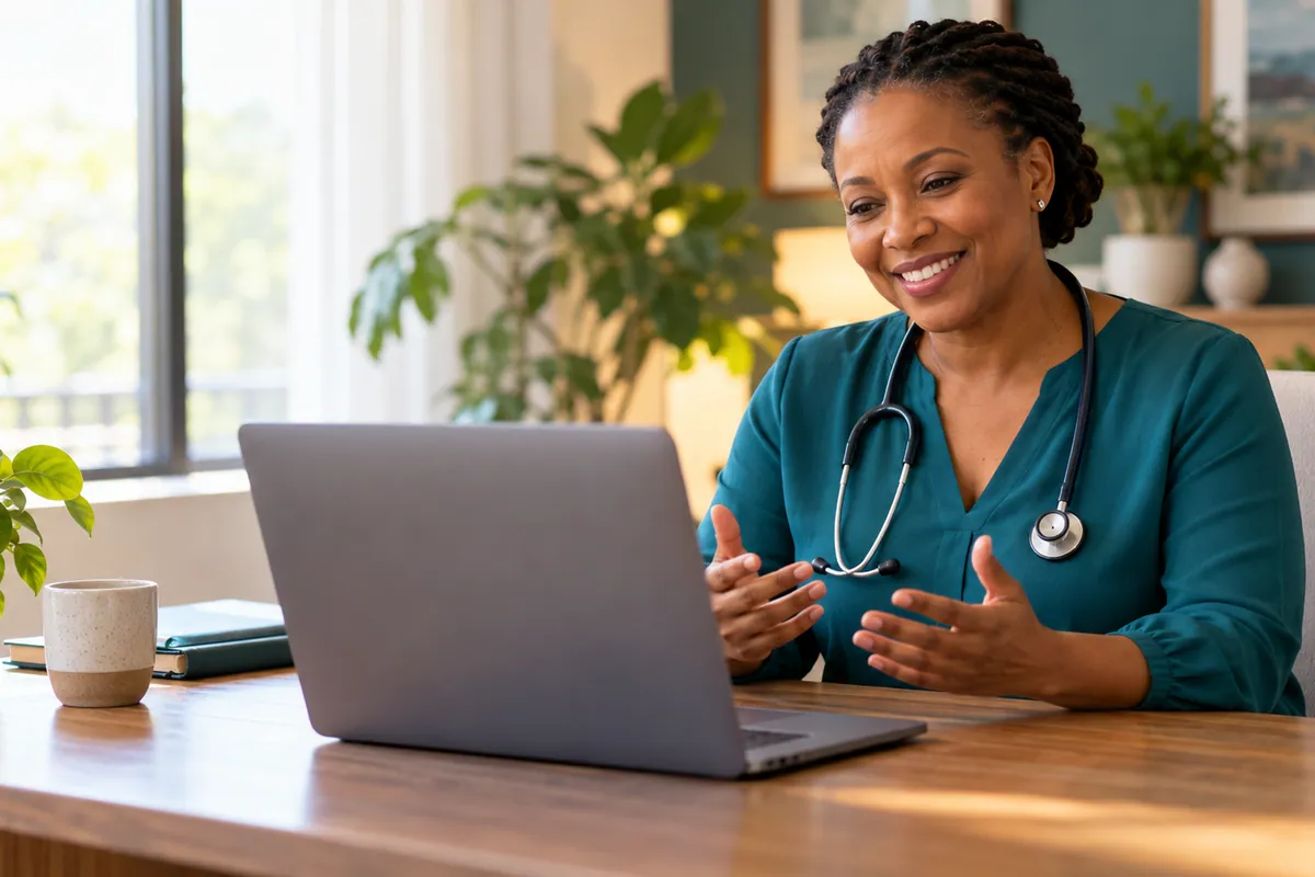 AI-generated illustration of a doctor smiling as she speaks to a patient on a video call from her desk
