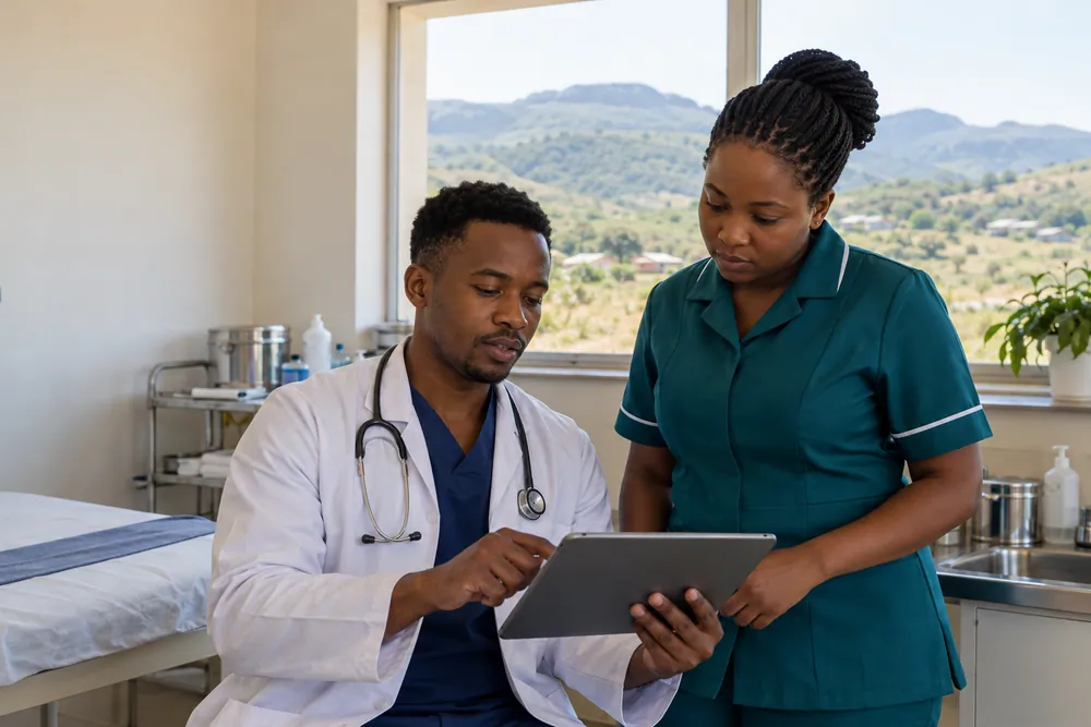 AI-generated illustration of a doctor and a nurse using a tablet in a small clinic