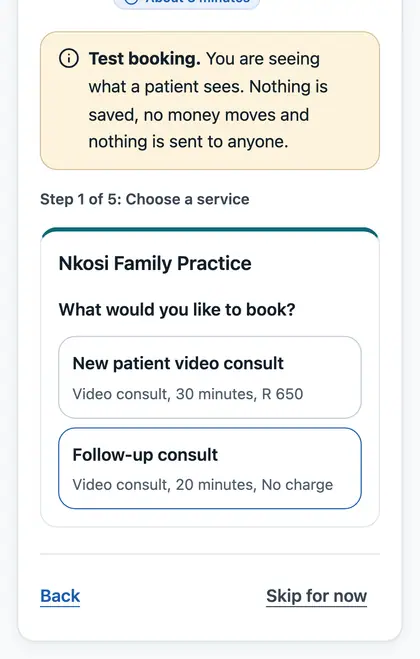 A patient choosing a service and a time to book on a phone