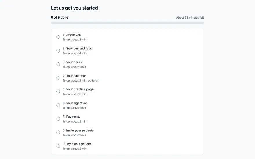 The doctor set-up guide showing three of nine steps done
