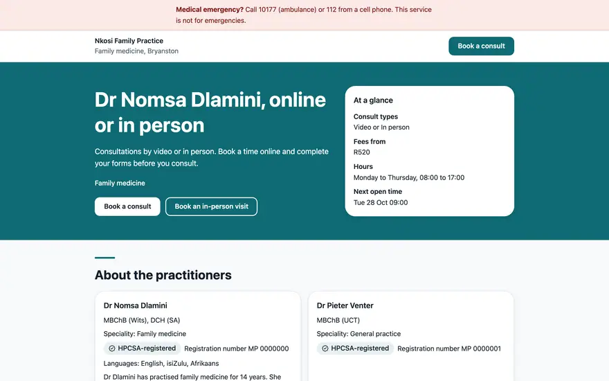 A practice page in the practice's own colours with a Book a consult button